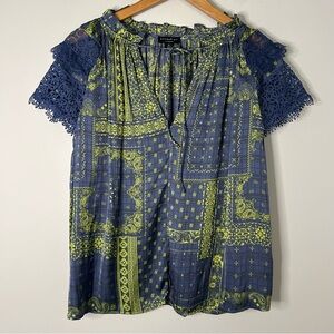 Current Air Anthropologie Green and Blue Ruffle Sleeve Blouse